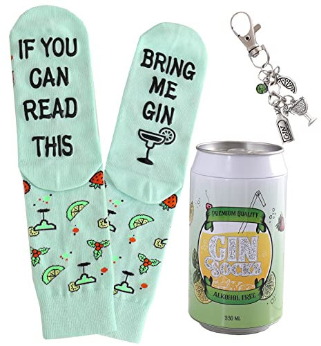 Gin-Socken EN (39-45) mit Gin Schlüsselanhänger in einer Design-Dose, Geschenke für Frauen und Männer, If you can read this, bring me Gin, Geburtstagsgeschenk (Grün)