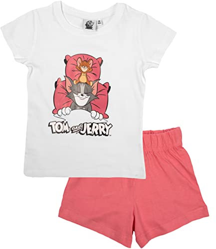 United Labels Tom & Jerry Kinder Mädchen Pyjama Schlafanzug Set Kurzarm Oberteil mit Hose Weiß Rosa (98-104)