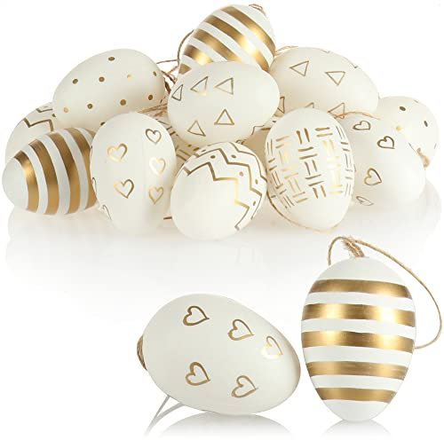 com-four® 18x Ostereier zum Aufhängen - Ostereier mit Muster weiß/goldfarben - Hängedeko aus Kunststoff für den Osterstrauß (18 Stück - weiß/goldfarben)