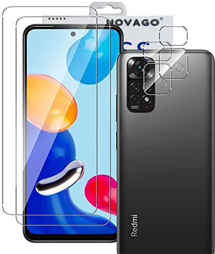 NOVAGO compatible avec Xiaomi Redmi Note 11 / Redmi Note 11S - Pack de 4 films en verre trempé résistant anti choc et anti explosion (deux pour écran et deux pour objectif)