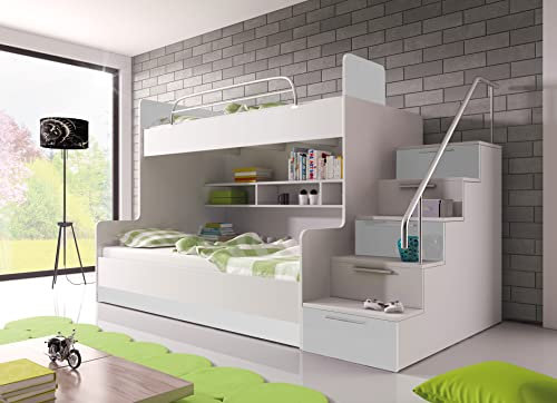Generisch Etagenbett TOMI 2 Halbhochbett mit Treppe inklusive Stauraum Doppelstockbett Hochglanz Kinderbett Hochbett Tomi Schubfächer + Rahmen (Rechts, Weiß/Weiß)