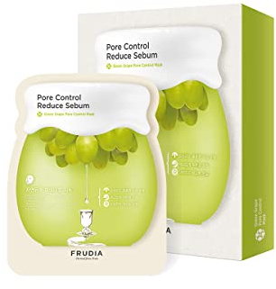 FRUDIA. Green Grape Gesichtsmaske zur Porenkontrolle. Grüner Traubenextrakt mit Vitamin E. Porenreinigend. Kontrolliert überschüssigen Talg. Feuchtigkeitsspendend und beruhigend.
