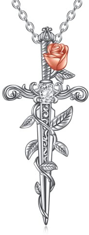 ONEFINITY Sword Necklace Sterling Silver Medieval Sword With Rose Flower Pendant Sword Jewelry