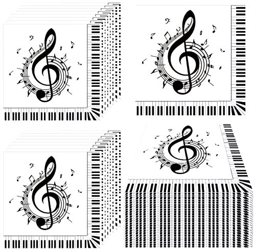 HSPAIDYP 100 Stück Musiknoten-Servietten, Schwarz-Weiß, 16,5 cm x 16,5 cm (gefaltet), 33 cm x 33 cm (aufgeklappt), Papierreiniger, Party-Servietten, Musiknoten-Party-Dekorationen