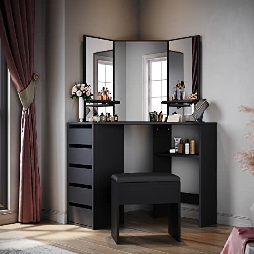 ELEGANT Corner Dressing Table Set, Makeup Desk with 3 Angle Mirror and 5 Drawers, Black Corner Desk with Cushioned Stool, Large Storage Vanity Table for Girls