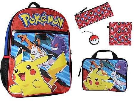 Bioworld Pokemon 5-teiliges Rucksack-Set mit gepolstertem Kartenträger, Federmäppchen, isolierter Snack-Tasche und Pokeball-Stressspielzeug