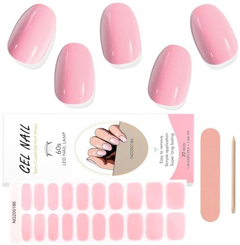 EBANKU 20PCS Smalto Adesivo per Unghie, Smalto Rosa Unghie Gel Adesive UV Smalto Adesivo Gel UV Full Wraps Lampada UV/LED con Lima e Stick per Donne Ragazze