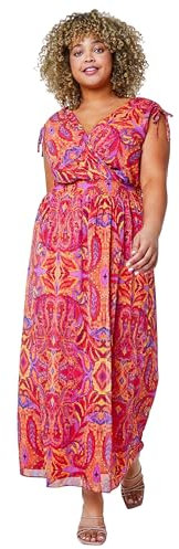 Roman Curve Printed Crinkle Shirred Midi Dress for Women UK - Ladies Everyday Holiday Spring Summer Square Neckline Comfy Soft Evening Vacation Work Party - Red Purple - Size 30-32