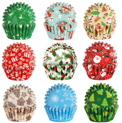 Christmas Cupcake Liners, SANNIX 450pcs Christmas Santa Claus Snowman Tree Baking Cups Cupcake Wrappers Paper Wraps Muffin Liners for Xmas Birthday Party Candy Cake Decorations Supplies(9 Designs)