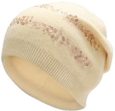 ZLYC Damen Strickmütze Slouchy Beanie Mütze Weich Winter Stretch Skull Cap(Zweizeilige Paillette Beige)