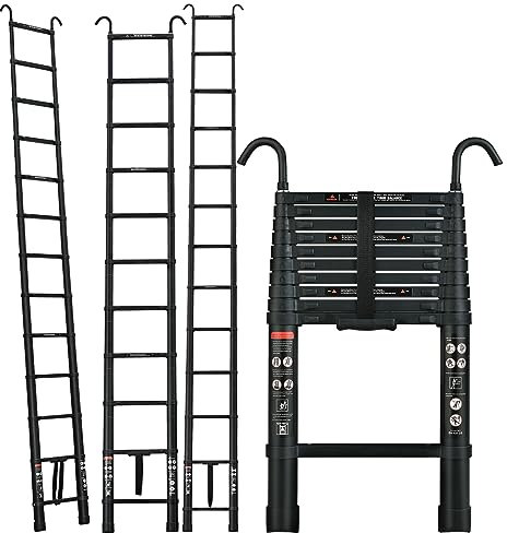 3.2M/10.5FT Telescopic Ladder Loft Ladder with 2 Hooks, Aluminium Extension Foldable Ladder Multi Purpose Ladder with Adjustable Height, Non-Slip Feet for Household, Max Load 150kg/330lb, Black