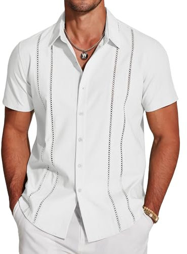 COOFANDY Men's Cuban Guayabera Shirt Short Sleeve Button Down Shirts Casual Summer Beach Linen Shirts, A-white, Medium