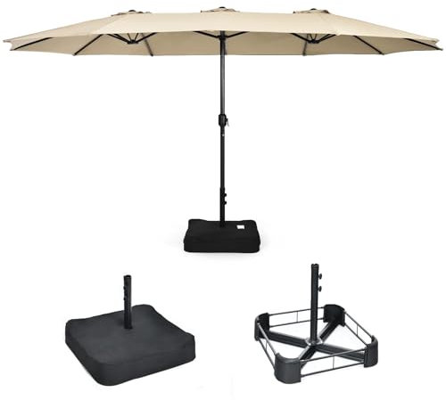 KOMFOTTEU Sombrilla Doble 451,5x264cm, Sombrilla de Jardín con Manivela y Base, Parasol Grande Rectangular con Altura 243 cm, Sombrilla con Protección UV para Patio, Terraza, Piscina (Beige)