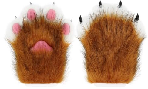 hbbhml Kunstpelz Plüsch pelzige Katze Kralle Handschuhe Fursuit Tier Fuchs Pfoten Fäustlinge Halloween Kostüm Zubehör für Erwachsene
