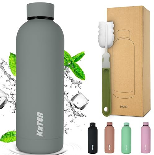 KxTEN.® Rubber Insulated Stainless Steel Water Bottle 750 ml with Bottle Brush Leak-Proof Thermos Flask Suitable for Carbonated Drinks, Insulated Water Bottle for Sports, Office and Leisure (Grey, 750