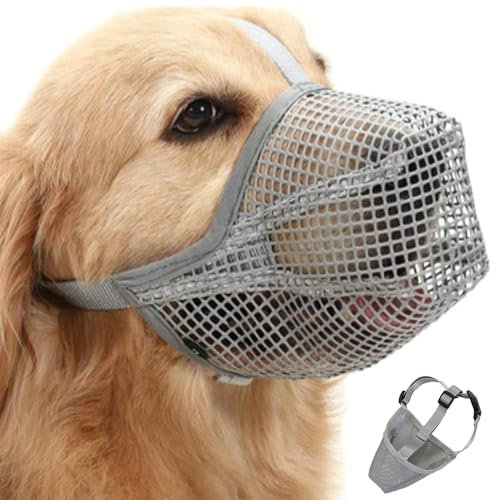 XFLYP Maulkorb für Große Hunde, Grau, Atmungsaktiver Mesh Maulkorb, Verstellbarer, Hundemaulkorb zum Verhindern von Fressen, Kauen, Beißen, Netz-Maulkorb, Anti-Bell-Lecken(L)