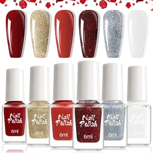 DMQ Christmas Nail Polish Sets - 6Pcs Red White Silver Gold Glitter Nail Varnish Kit, Quick Dry Long Lasting Valentine's Days Nail Gel Polish Nail Art Manicure DIY Gifts for Women