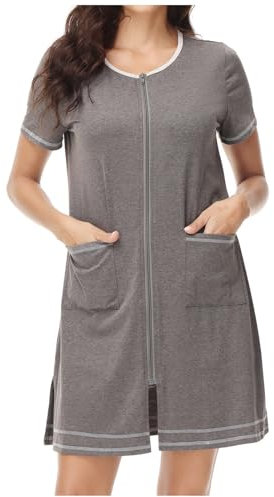 NSICBMNO Gray Dressing Gowns For Women Uk Lightweight Bath Robes Zip Up Dressing Gowns Short Nighties Cotton Nightdresses Short Sleeve Pyjamas Ladies Open Front Cardigans Nightgowns With Pockets
