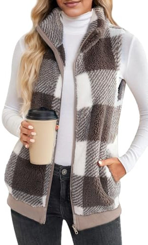 FEOYA Gilet Polaire à Carreaux pour Femmes Automne Hiver Gilet Chaud sans Manches Vestes Zippées à col Montant Gilet doux avec Poches Kaki XL
