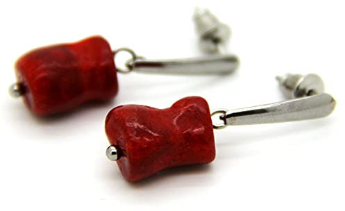 Korallen-Nugget-Edelstahl-Ohrstecker in marmoriertem Orangerot, eingehängtem Element klasischer Korallenschmuck #003 SiCo