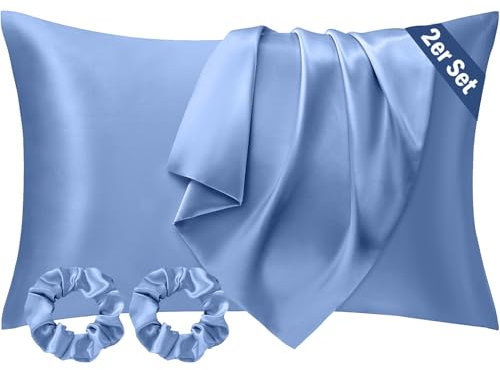 Seiwohl Satin Kissenbezug 40 x 80 2er Set, Weich wie Seidenkissenbezug Silk Pillowcase, Vegane Seide Kopfkissenbezug Kissenhülle Seidenkopfkissen für Haar und Haut mit 2 Haargummis, Haze Blau