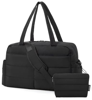 bagsmart Reisetasche Sporttasche Damen, 31L Wasserabweisend Puffer Handgepäck Tasche Weekender Bag Gesteppt Laptop-Handgepäck mit Kosmetiktasche, Kliniktasche Geburt für Gym, Fitness, Arbeit, Schwarz