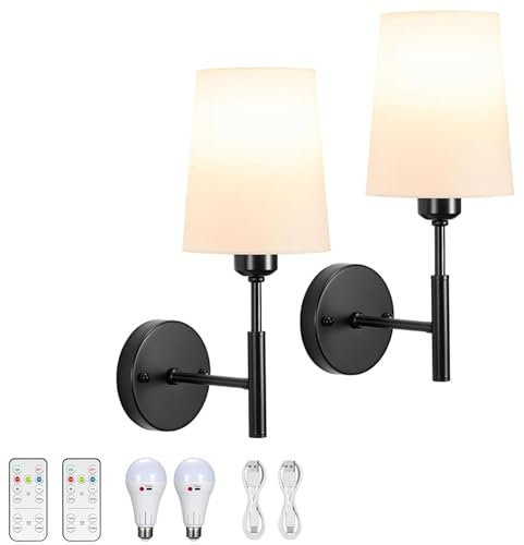 KarlpaSW Battery Operated Wall Lights Black,USB Rechargeable Wireless Wall Sconce 5000mAh,Dimmable Fabric Shade Battery Operated Cordless Wall Lights Indoor for Fireplace Caravans Hall