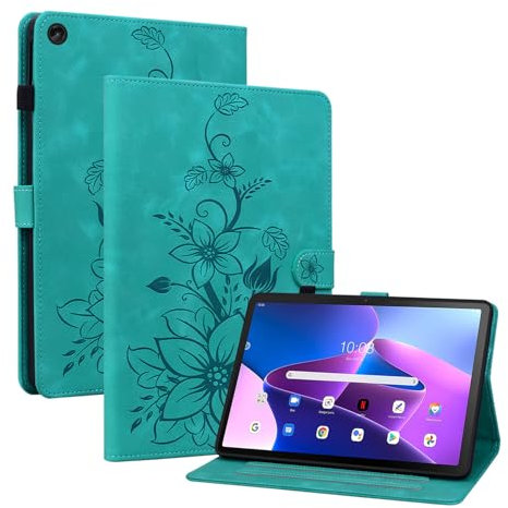 Rosbtib Coque pour Lenovo Tab M10 (3rd Gen) 10.1 Pouces 2022 modèle TB-328FU / TB-328XU, Multi-Angles de Visualisation Housse de Protection en Similicuir avec Porte-Carte Couverture Motif Lys, Vert