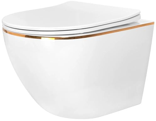VBChome Hänge-WC Spülrandloses aus Keramik mit Toilettendeckel WC-Sitz aus Duroplast Absenkautomatik Rimless SoftClose-Funktion Tiefspüler Toilette Weiß Gold Edge Rechteckige Form Wand WC
