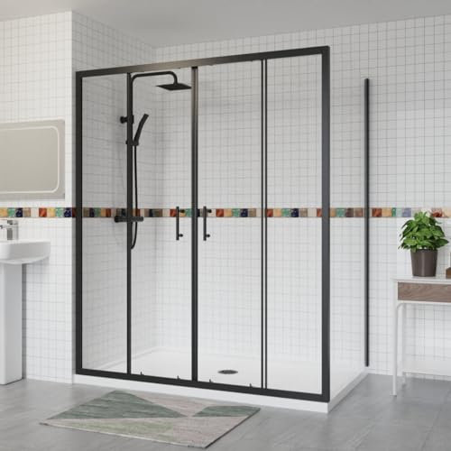 Aquariss Black - 1700x700mm Sliding Shower Enclosure 6mm Easy Clean Glass Bathroom Cubicle Screen Double Doors with Side Panel White Shower Tray & Free Waste