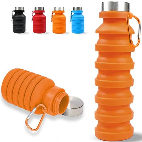 DARZWAY Bottiglia pieghevole in silicone da 550 ml – Borraccia flessibile riutilizzabile – senza BPA – con custodia in neoprene e spazzola detergente in spugna. Arancione)
