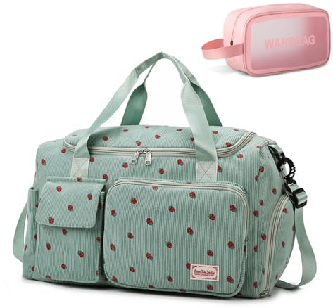 BEULPTN Small Gym Bag for Women, Strawberry#Green, Travel Duffel Bag with Shoe Compartment, Water-Resistant Nylon, Medium Size