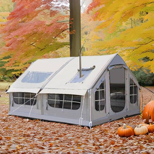 6-8 Personen Zelt Luftzelt Aufblasbare Camping Mit Ofenloch & Oberlicht, Großes Familienzelthauszelt Für Campingzelt, Familienzelt Big Air House Zelt (Grey, 385 * 260 * 200cm)