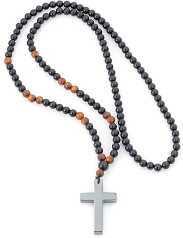 GIOAS Black Onyx Matt Kette Halskette Perlen Kette Holzperlen Hämatit Kreuz Perlenhalskette Damen Herren