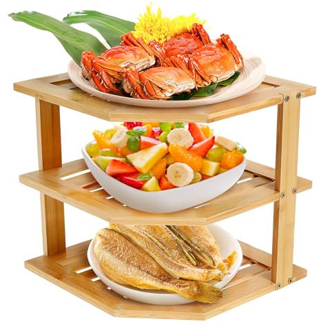 KTCINA 3 Tier Cabinet Organizer Shelf for Kitchen, Bamboo Corner Shelf Plate Rack Corner Storage Cabinet for Plates, Dishes, Cups, Bowls, Bread Pantry, Bathroom Storage Countertop Stand