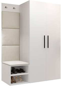 Mirjan24 Garderoben-Set Mapreni IV, Schuhschrank + Kleiderhakenbrett + Kleiderschrank Gepolstertes Paneel/Wandpaneel Kleiderhaken Flurgarderobe Wandgarderobe (Weiß, Manila 02)