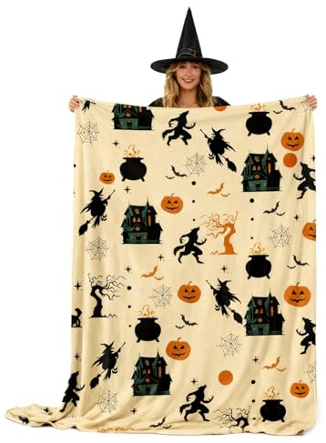 Halloween Decke Flauschig, Pumpkin Muster Blanket, Warme Sofa Decke mit Geister, Hexen, Spinnen, Fledermäuse Muster, Halloween Kuscheldecke für Haus Indoor Couch Deko (Kürbis)