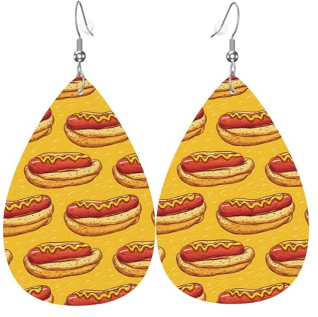 Ohrringe mit Wurst-Hot-Dog-Aufdruck für Damen, modische Teardrop-Leder-Ohrringe für Damen, trendig, farbenfroh, Tropfenohrring Schmuck