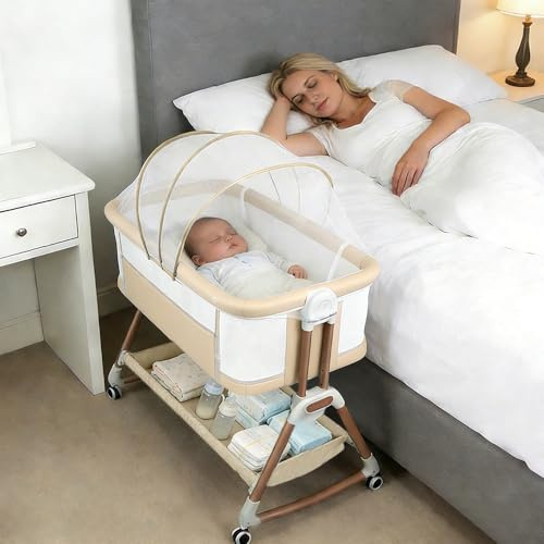 Supfine Lit Cododo, Berceau pour Nouveau-né, 0-12 Mois (0-9 kg), 6 Hauteurs, Berceau Cododo Inclinable avec Matelas Confortable, Couffin, Moustiquaire (Beige, 90 * 60 * 90 cm)