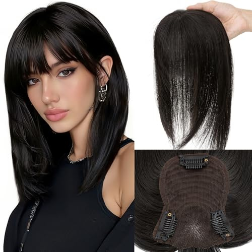 Elailite Haartopper Echthaar Clip in Haarteil Naturschwarz, 30cm Real Human Haar Topper Damen mit dünnem Pony Haarteile (Silk Lace 8x11.5cm) 35g #1B