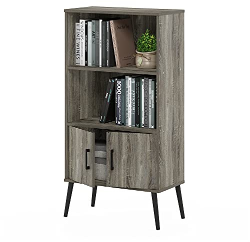 Furinno MIDCENTURY Storage Shelves, Storage Cabinet with Doors and Shelves, Bookshelf with Legs, for Living Room, Home Office, Grey Oak