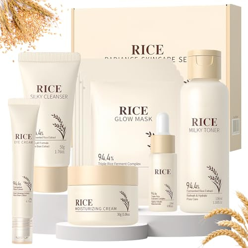 Reis Korean Skincare Set, Gesichtspflege Set Damen, Skincare Set Korea mit Cleanser, Face Mask, Rice Toner, Face Cream, Eye Cream, Serum Gesicht, 9 Stück