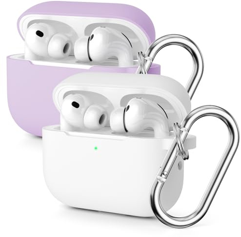 Molylove 2PCS Silikon Hülle kompatibel mit AirPods Pro 3 (2025), Schutzhülle für AirPods Pro 3 Generation, Stoßfeste Silikonhülle mit Karabiner (Weiß/Lila)
