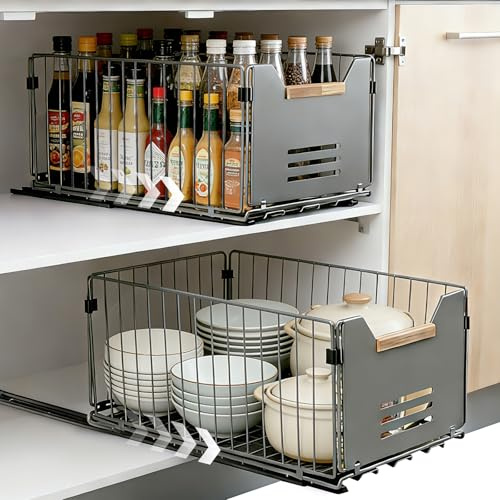 AiQInu 2er Set Ausziehbare Schubladen, Küchenorganizer Ohne Bohren, Schubladenschienen für Schrank, Leise Teleskopschubladen für Küche, Badezimmer & Wohnzimmer, Einfache Installation, 37.5x24.5x19cm