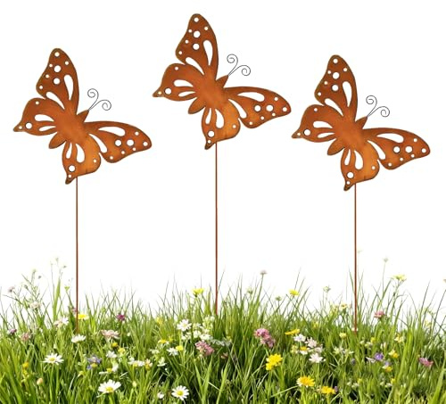 SPERMUOY Gartenstecker Outdoor Schmetterling Gartenstecker,3er Rost Schmetterling Gartendeko für draußen,Metall Blumenstecker Deko für Garten Terrasse Balkon Blumentopf