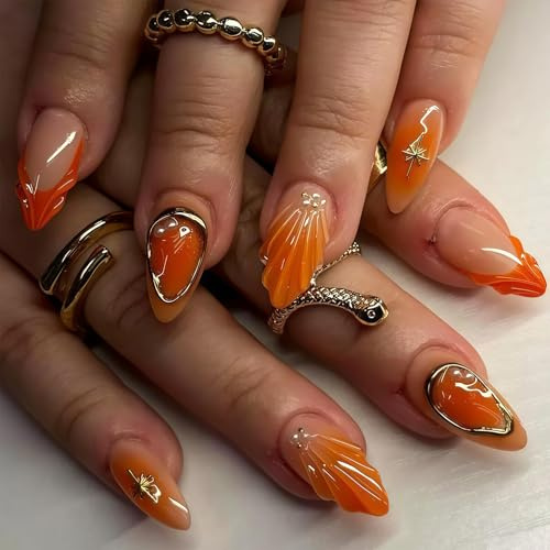 Xanthelle Ongles à Presser, 24 Pièces Ongles à Presser Orange & Faux Ongles Amande Courts, Ongles Acryliques Design 3D à Coller pour Femmes, Art des Ongles Naturels Clip On