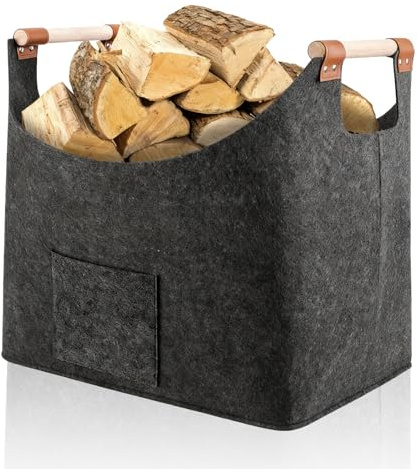 XL Log Baskets felt Bag, Extra Thick Felt Baskets Logs and Removable reinforced Wooden Handles, Foldable Log Baskets for Wood Burner Indoor, Dark Grey Storage Basket for Firewood Storage & Kindling
