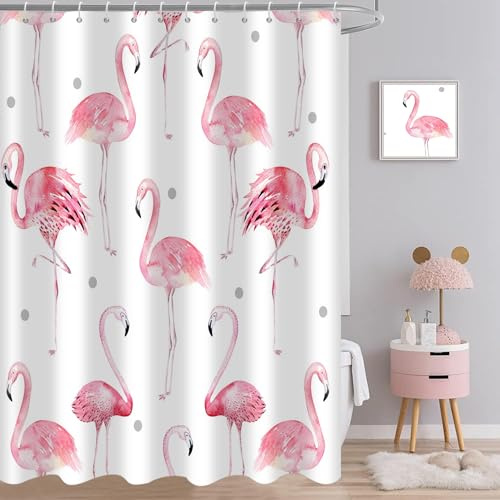 GCIREC Duschvorhang, 180x200cm, Heiß Rosa Flamingo Lustige Flamme Vogel Sommer Wasserdichter & Schimmelresistenter Stoff Badezimmervorhang Maschinenwaschbar mit Häkchen