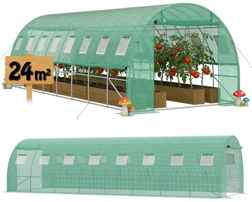 QEENTOE 3x8m Foliengewächshaus Gartengewächshäuser aus verzinktem Stahl PE Gewächshaus mit Aufrollbare Fenster Tomatenhaus Winterfest Folientunnel Pflanzenzelt Folien Treibhaus inkl. Erdanker