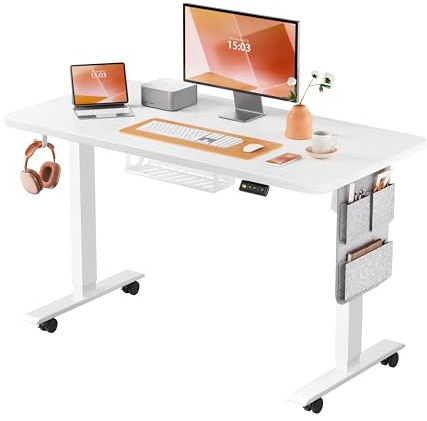 MAIDeSITe Elektrischer höhenverstellbarer Schreibtisch, 120×60 cm Sitz-Steh-Schreibtisch mit Kabelwanne, Haken und Aufbewahrungstaschen, Stehpult mit Speichersteuerung für Homeoffice